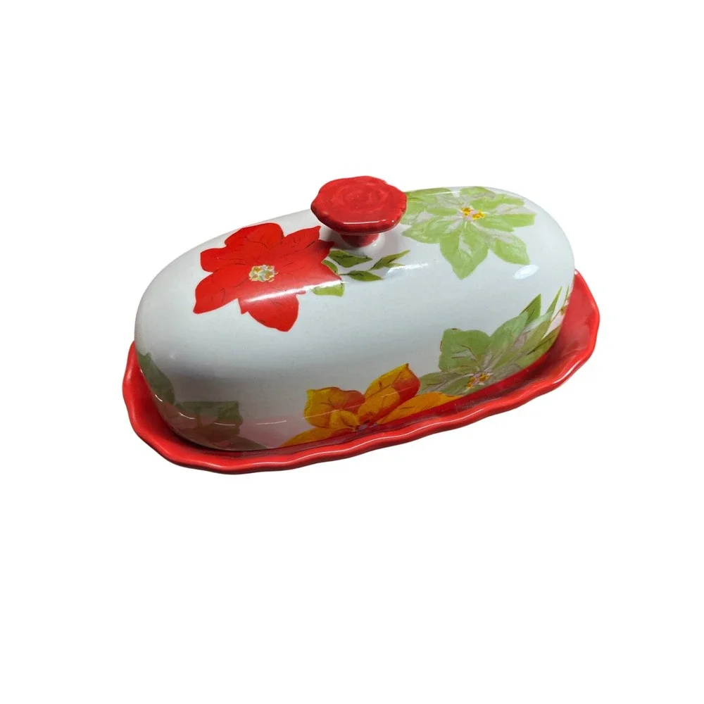Pioneer Woman Winter Poinsettia Butter Dish Red Scalloped Stoneware HolidayDecor